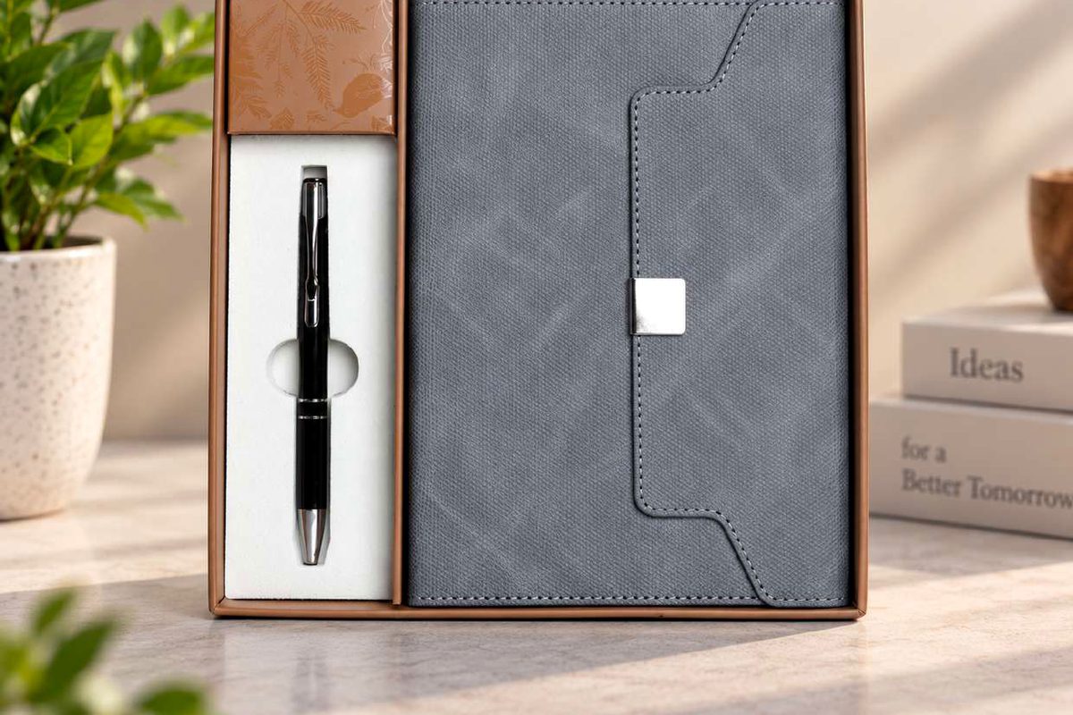 Slate grey corporate portfolio and metal pen presented in a gift box