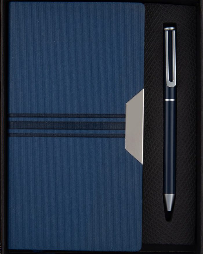 Navy corporate diary and metal pen in a presentation box