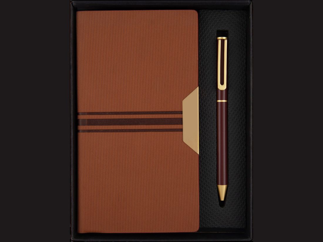 Tan Leatherette Diary & Pen Set — corporate gift